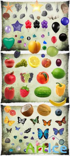 Fruit, Balloons PSD, Butterflies, Crystals, Seashells PSD Pack