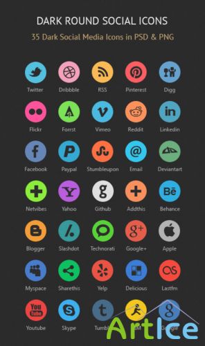 Dark Round Social PSD Icons