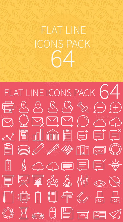 64 Flat Line Icons Set
